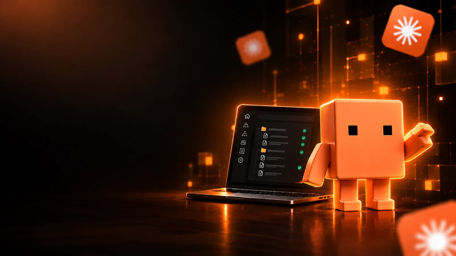 Mascote ao lado de um notebook exibindo a central de controle do sistema